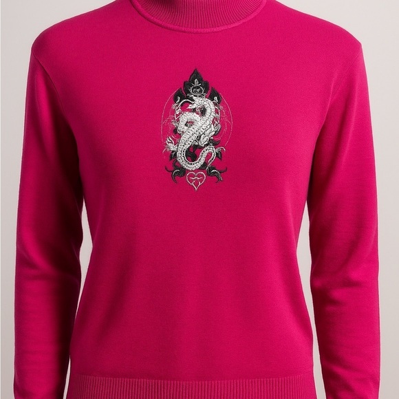 Bogner Sweaters - Bogner Virgin Wool Embroidered Dragon Crest Sweater – Fuchsia Pink – Size M